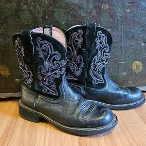 Sz 11 Women Ariat Fat Baby Black Purple Embroidered Suede Leather Western Boots